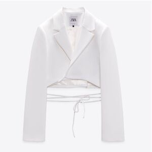 White Cropped Blazer with Tie